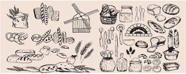 baguette, oven, isolated, kitchen, kitchen utensils, line art, loaf, menu, natural, organic, oval, pastries, icon, restaurant, rustic, rye, set, shop, sketch, symbol, tool, traditional, vector, illust
