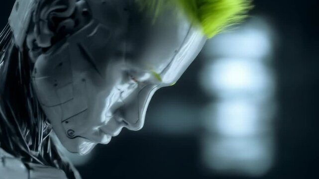 Closeup view of a futuristic robot head with a vibrant green mohawk detailing future technology