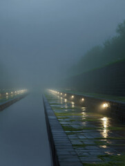 fog-blanketed canal with wet stone walkways and distant lamplight