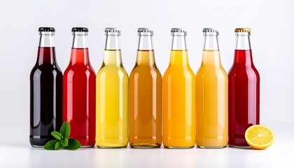 Assortment of Refreshing Drinks in Glass Bottles Displayed on a Clean White Background – Colorful, Vibrant Beverage Collection Featuring Juices, Sodas, and Sparkling Water