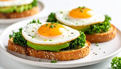 Artistic Avocado Toast with Creamy Avocado, Fried Egg, and Fresh Kale Garnish on Whole Grain Bread – Healthy, Vibrant, and Nutritious Breakfast or Brunch Dish