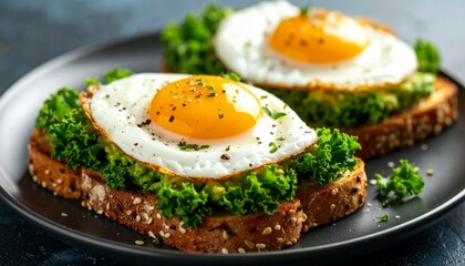 Artistic Avocado Toast with Creamy Avocado, Fried Egg, and Fresh Kale Garnish on Whole Grain Bread &ndash; Healthy, Vibrant, and Nutritious Breakfast or Brunch Dish