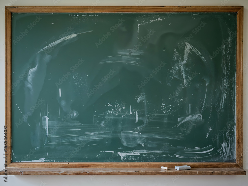 Poster a weathered rectangular green chalkboard with chalk residue and a wooden frame offering a nostalgic 