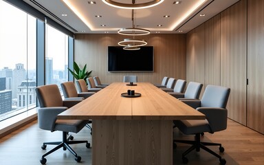 Spacious conference room with a large table, comfy chairs, and AV equipment. High quality