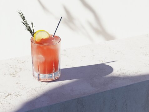 Fruit juice cocktail with rosemary and lime on stone table, neutral background and sunlight highlights.