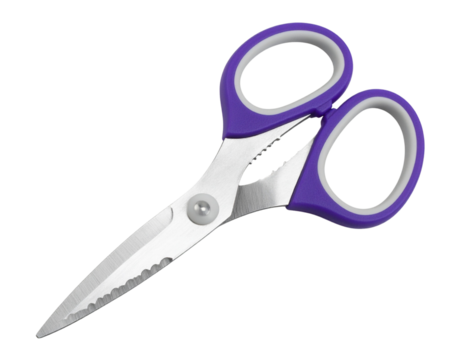 Single Craft Scissor with Wavy Blade and Purple Handle, side angle, isolated on a transparent background.