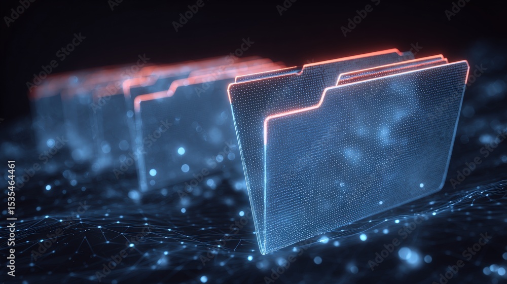 Poster abstract network grid with files and folders, futuristic software interface, digital document manage