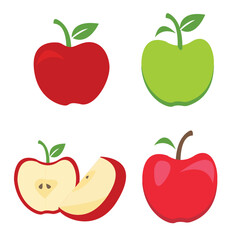 Colorful apple illustration set featuring whole and sliced apples.
