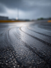 grainy pavement shot with wet tire marks under rainy sky