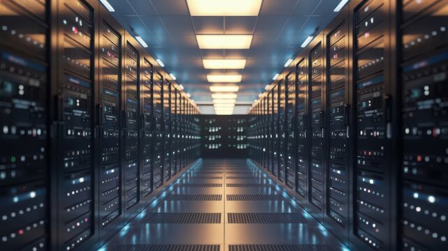 Server Room, a Data Center with Rows of Rack Servers, hosting facility