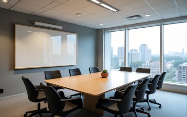 Professional conference room featuring a long table surrounded by chairs for collaborative discussions. High quality
