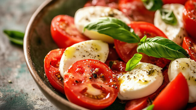 Italian caprese salad with fresh tomatoes, mozzarella and basil leaves in bowl - Powered by Adobe
