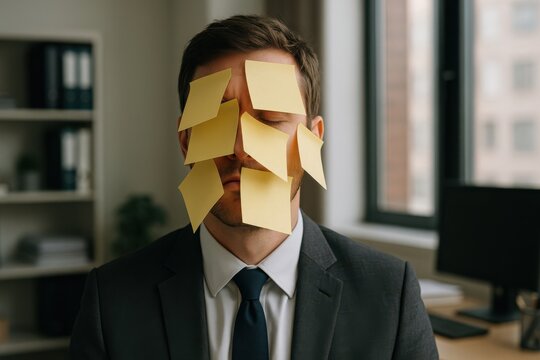 Stacked reminders create a funny moment for a businessman lost in thought during a busy workday at the office