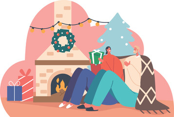 Loving couple exchanging Christmas gifts