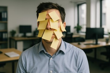 Creative office prank with sticky notes covering a man's face during a busy workday