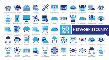 Network security icon solid two color set collection. This set includes cloud computing, data center, database, hosting and more icons in 
solid style. Vector icons collection for websites