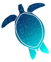 Turtle silhouette with "No Plastic" and "Save the Ocean" text inside. Blue sea turtle silhouette, transparent and isolated illustration.