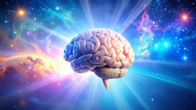 Human brain surrounded by stars in a cosmic galaxy setting with vibrant colors and depth