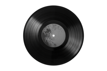 Top View Black and White Vinyl Record with Textured Grooves and Worn Surface, isolated on transparent background