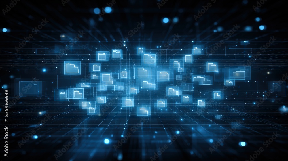 Poster abstract network grid with files and folders, futuristic software interface, digital document manage