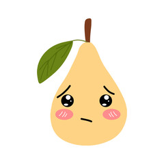 Pear kawaii flat illustration. Stylized vector character with smiling face, sad, cry and variant different expression face. 