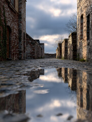 narrow passage between old brick buildings, puddles on the ground, cloudy skies