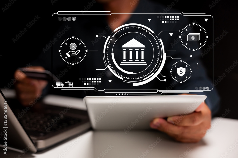 Poster a person using a tablet with digital banking icons and financial technology interface overlay.