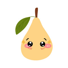 Pear kawaii flat illustration. Stylized vector character with smiling face, sad, cry and variant different expression face. 