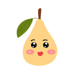 Pear kawaii flat illustration. Stylized vector character with smiling face, sad, cry and variant different expression face. 