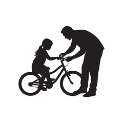 Fototapeta premium Father and Daughter Fixing Bicycle Silhouette – Bonding Moment Vector Art in Black and White