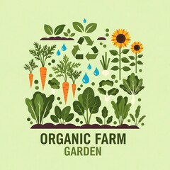 Organic farm garden with fresh various vegetable and plant. Sustainable agriculture with recycle symbol. Rural harvest concept.