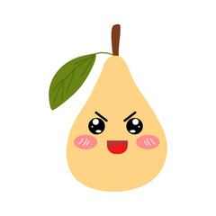 Pear kawaii flat illustration. Stylized vector character with smiling face, sad, cry and variant different expression face. 
