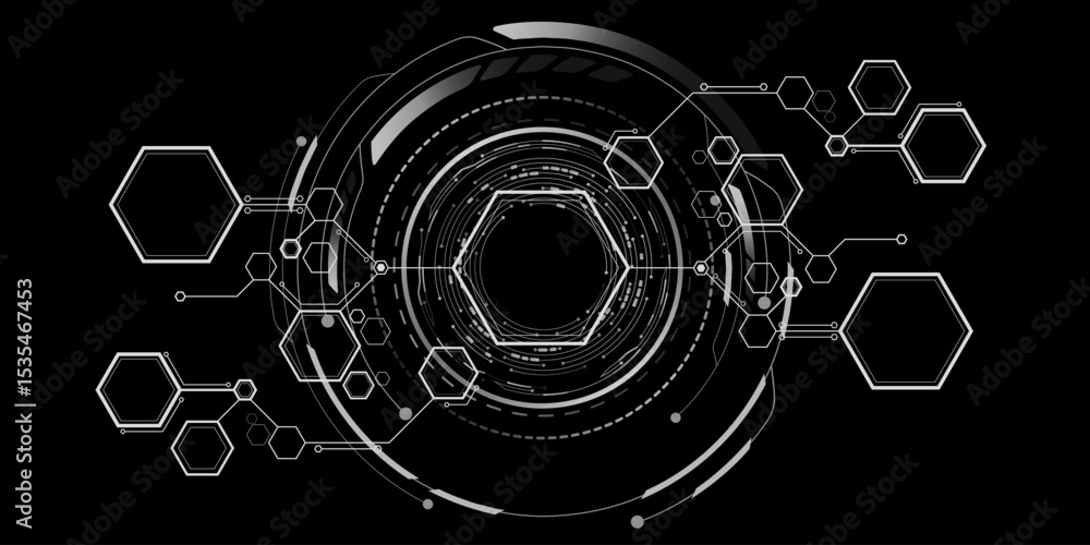 Poster futuristic digital hud interface with hexagonal structure linked by circuits and nodes. abstract tec