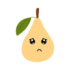 Pear kawaii flat illustration. Stylized vector character with smiling face, sad, cry and variant different expression face. 