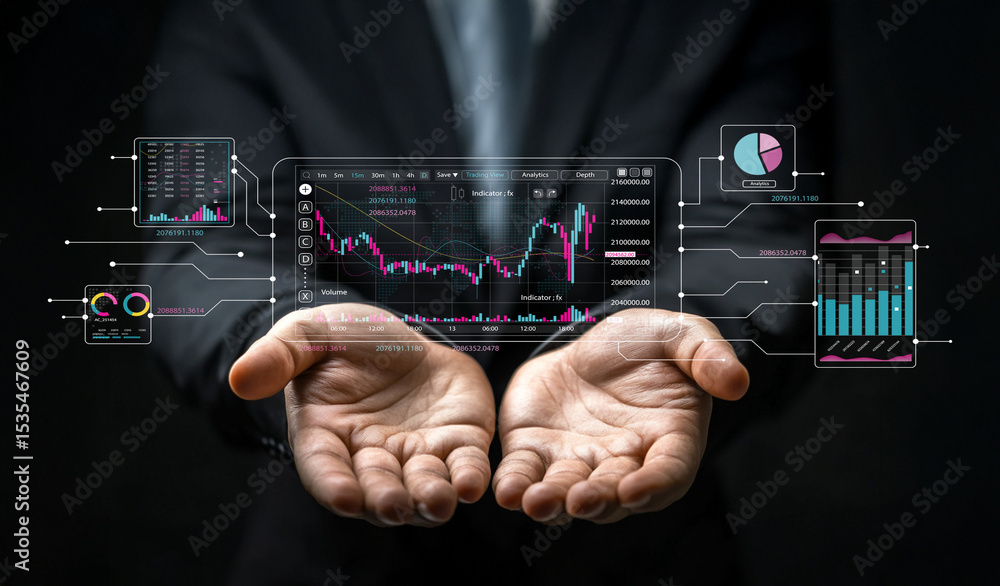 Poster hands holding digital financial charts and graphs representing stock market trends and data analysis
