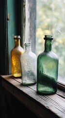 Vintage Glass Bottles on Windowsill