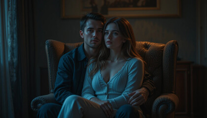 Obraz premium Couple Relaxing Together on Armchair Indoors with Cozy and Intimate Mood