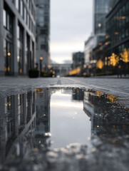 reflection of grey sky in a puddle on an empty city street after rain