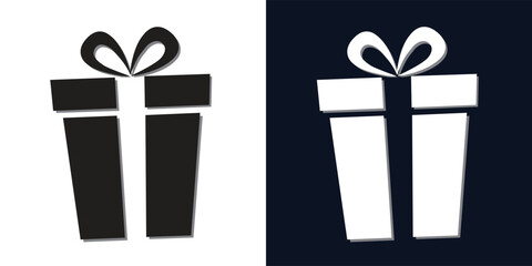 Pair of black and white gift box icons with a ribbon and bow, representing presents, celebrations, and special surprises for various occasions.