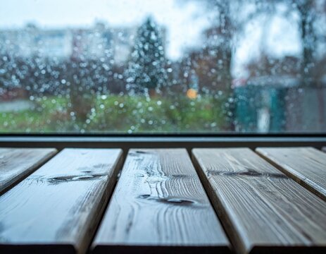 Wooden Tabletop View Through Rainy Window