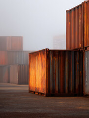 rusted shipping containers in a foggy harbor yard
