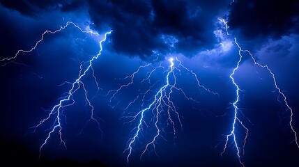 Several powerful lightning strikes illuminate a dark stormy sky overhead