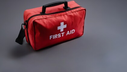 A red first aid kit with a white cross symbol. The kit is closed and placed on a gray surface. It is designed for emergency medical situations.