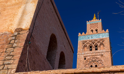 View of the minaret of the Koutoubia Mosque in Marrakech, Morocco.