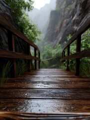 Fototapeta premium set of wet wooden stairs leading down into a misty canyon