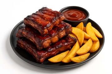 Delicious bbq ribs with potato wedges and sauce