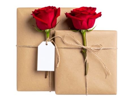 Elegant Red Rose in Minimal Kraft Paper Wrap with Tag, isolated on a transparent background.