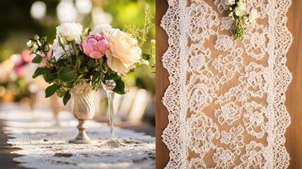 Vintage Wedding Table Decor with Lace Runners
