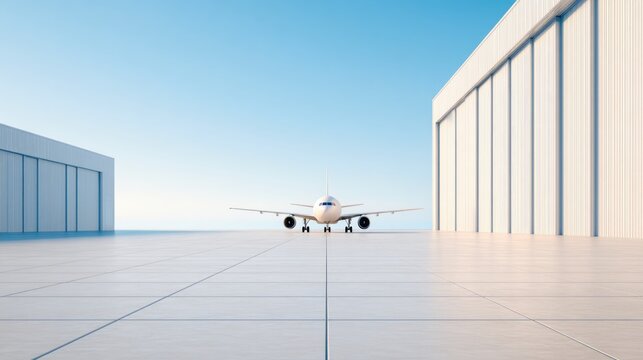 Fototapeta Commercial Jet on Airport Tarmac Between Hangars