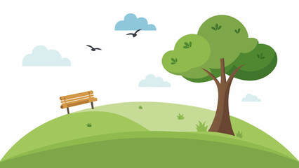 Obraz premium Calm grassy hill with single tree bench and birds flying vector illustration
